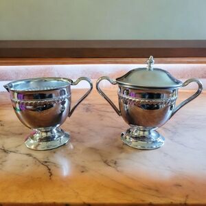 Vtg Heavy Silver Plated Pedestal Footed Creamer/2 Handled Lidded Sugar Bowl